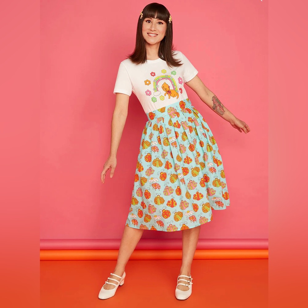 ModCloth x Marisol Muro Lady Bugs My Playful Ways Swing Skirt Blue Size 6 NWT